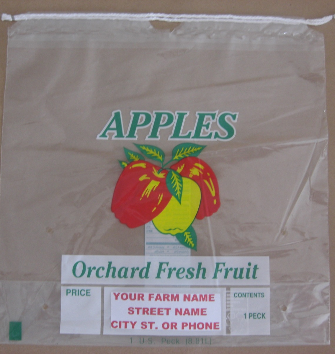 Half bushel draw string Apple bags printed with orchard name