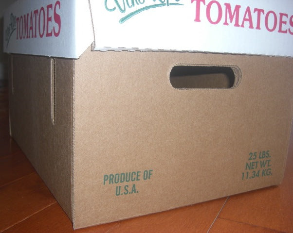 25 LBS Tomato box with the lid printed with Farm name on one of the short