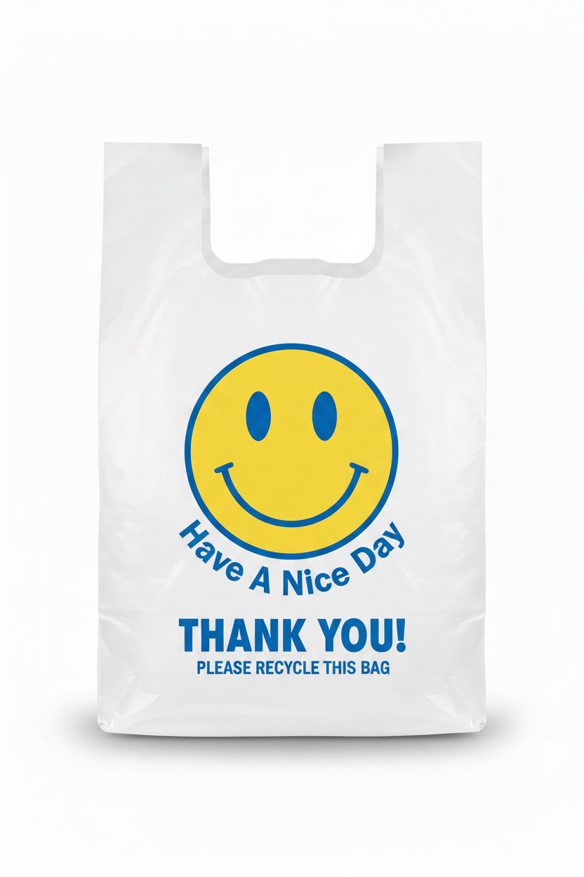 White plastic T-shirt bag with yellow smiley face, blue eyes, blue smile, Have A Nice Day wrapped around circle, Thank You, Please Recycle This Bag