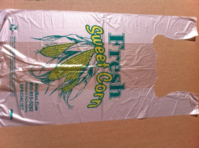"Corn T-shirt bag" 12"x6.5"x23" 25microns gauge pack 500 bags /case minimum 25,000