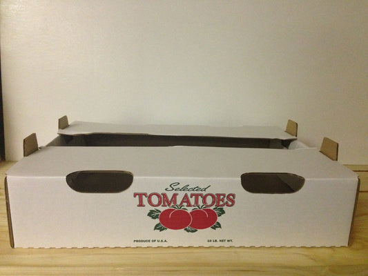Ten pound tomato box printed with Farm name on the top flap 10,000 boxes