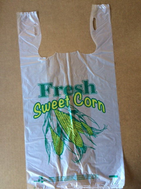 "Corn T-shirt bag" 12"x6.5"x23" 25microns gauge  pack 500 bags /case minimum  25,000