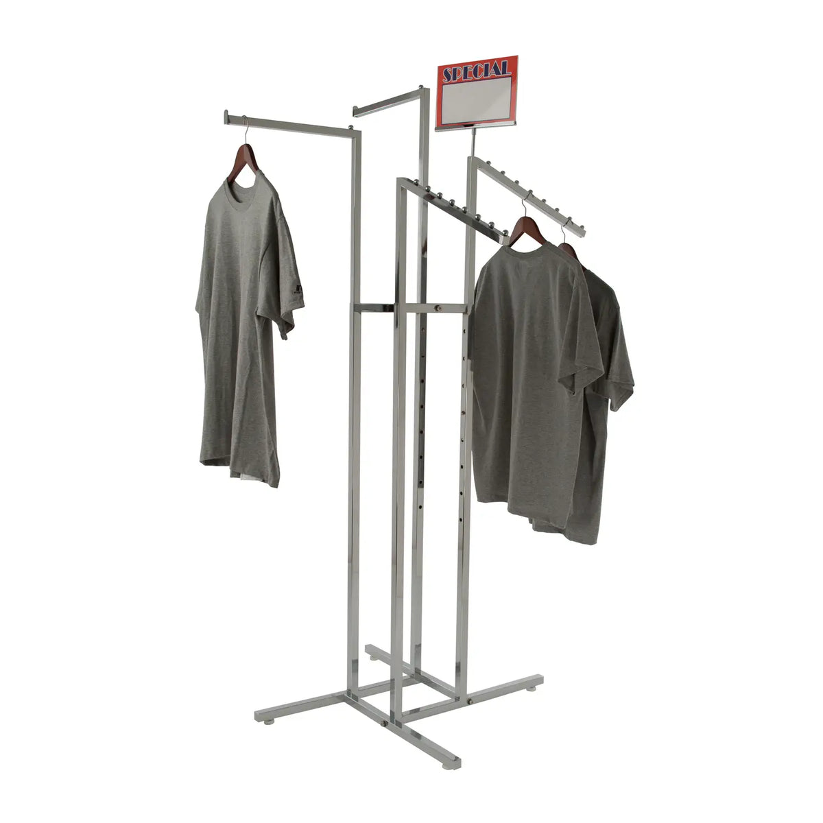 4-Way Garment Rack with 2 Straight and 2 Slant Square Tubing Arms - Chrome Finish