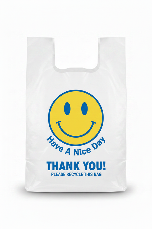 White plastic T-shirt bag with yellow smiley face, blue eyes, blue smile, Have A Nice Day wrapped around circle, Thank You, Please Recycle This Bag