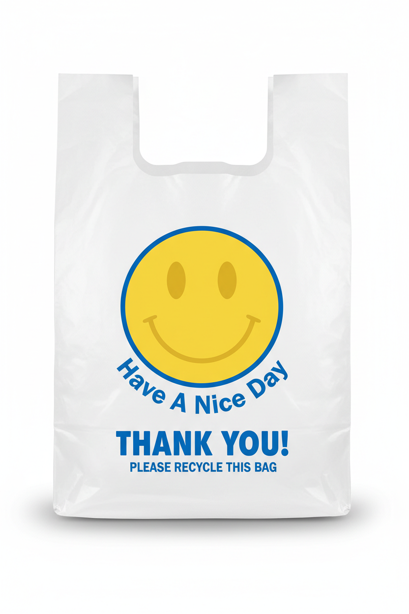 Smiley face T-shirt bag 1/6 size 12"x7"x22" 500/case