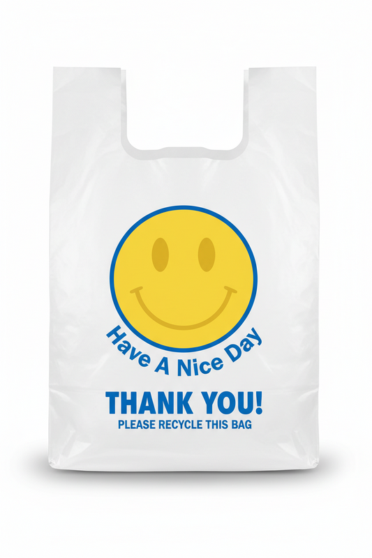 Smiley face T-shirt bag 1/6 size 12"x7"x22" 500/case
